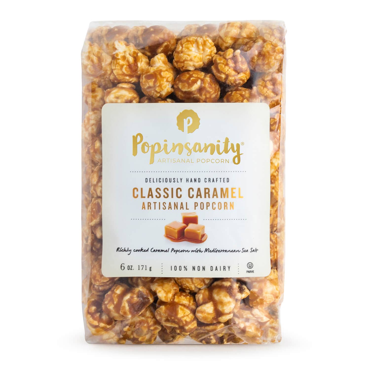 Classic Caramel Gourmet Popcorn by Popinsanity in a 6 oz Clear Cello bag