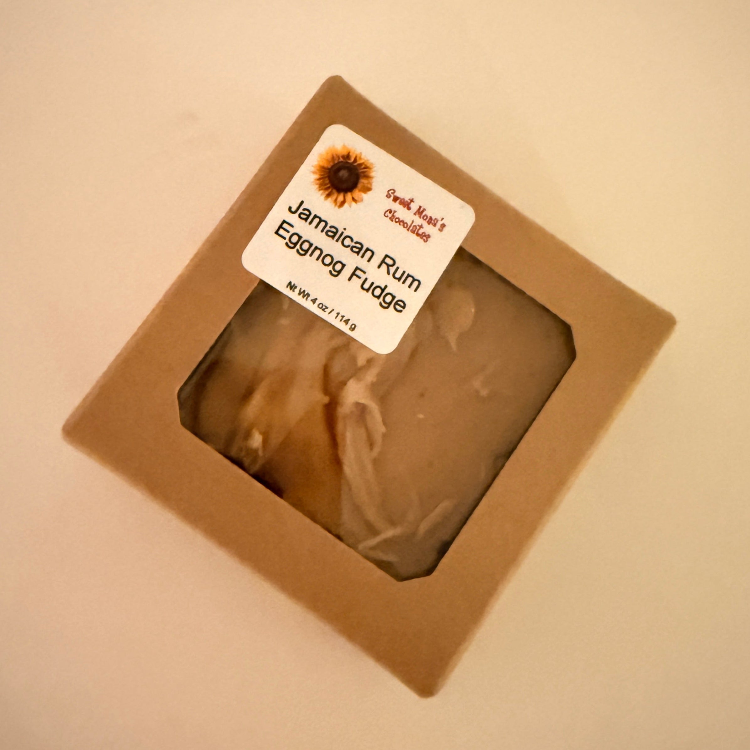 Jamaican Rum Eggnog Fudge in a 4 oz square