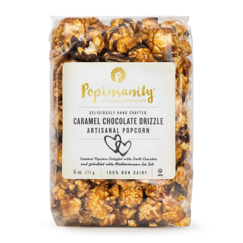 Caramel Chocolate Drizzle Gourmet Popcorn by Popinsanity in a 6 oz Clear Cello bag