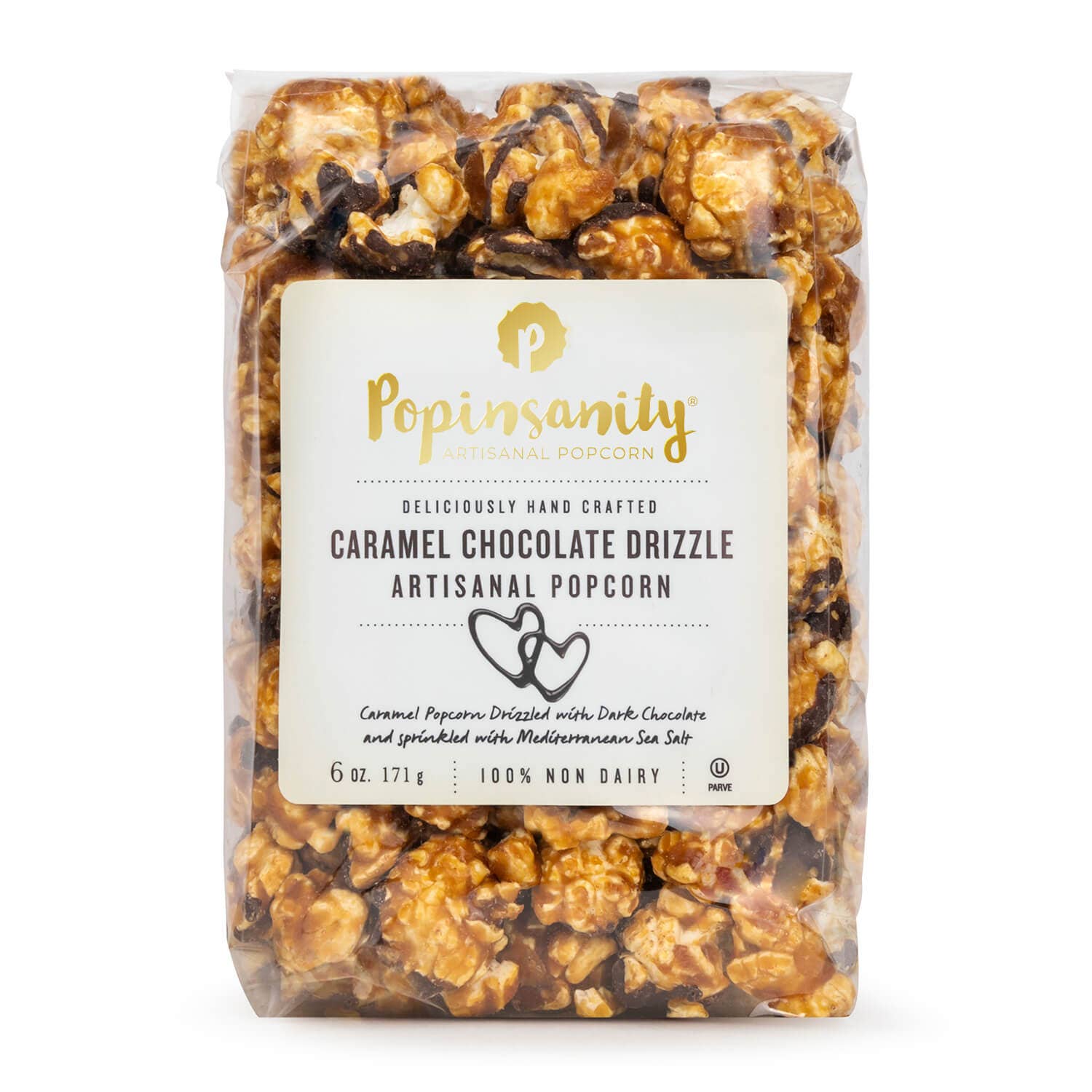 Caramel Chocolate Drizzle Gourmet Popcorn by Popinsanity in a 6 oz Clear Cello bag