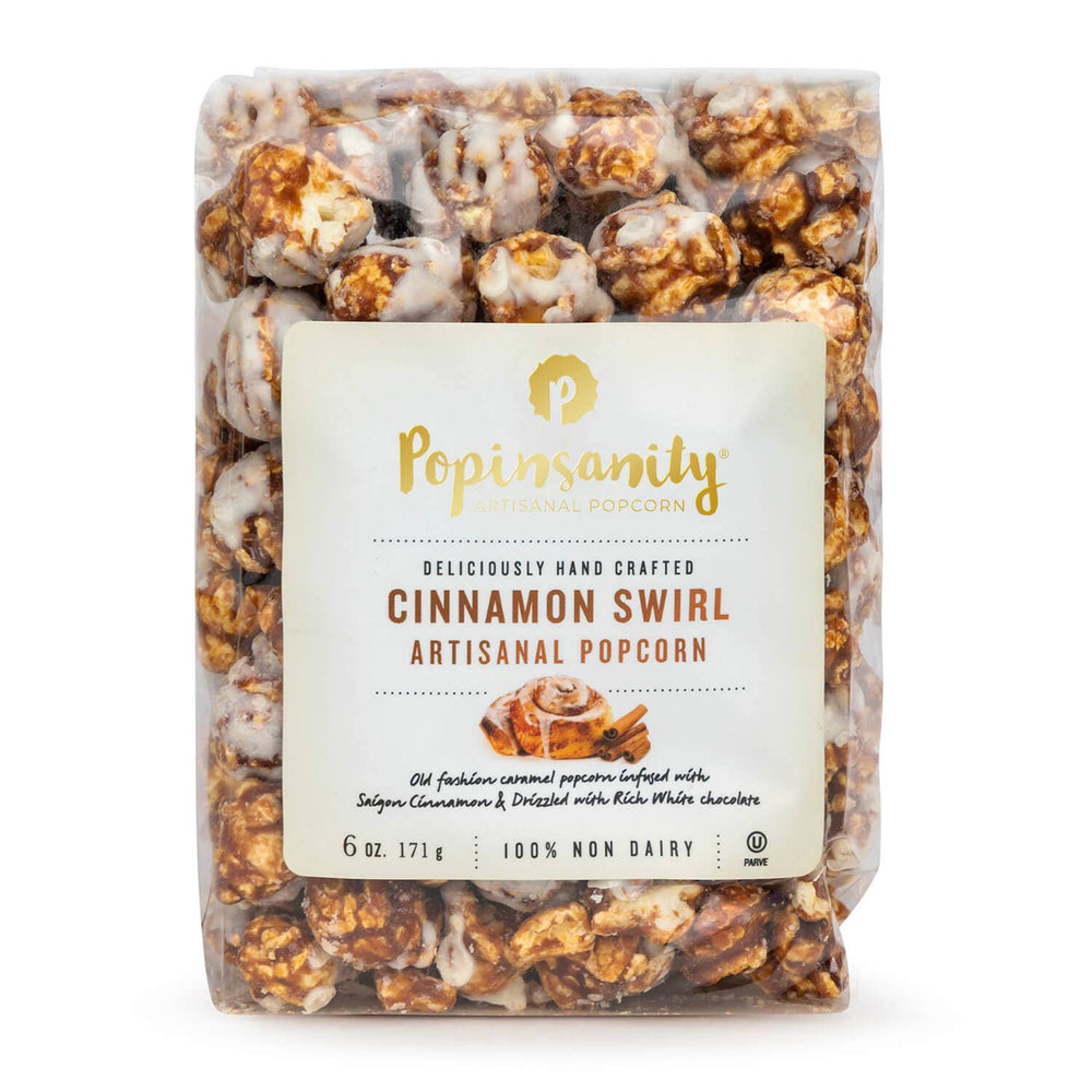 Cinnamon Swirl Gourmet Popcorn by Popinsanity in a 6 oz Clear Cello bag