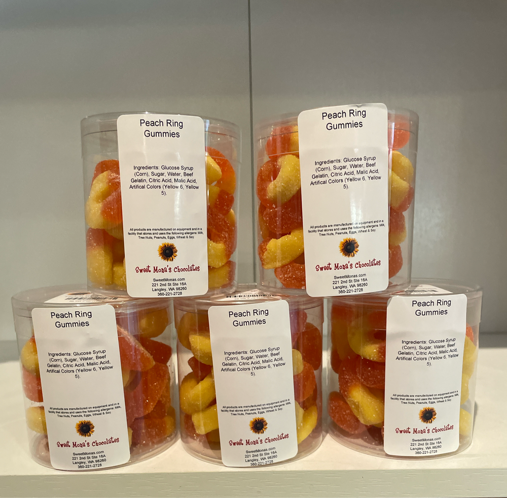 Gummy Peach Rings in a 7 oz container