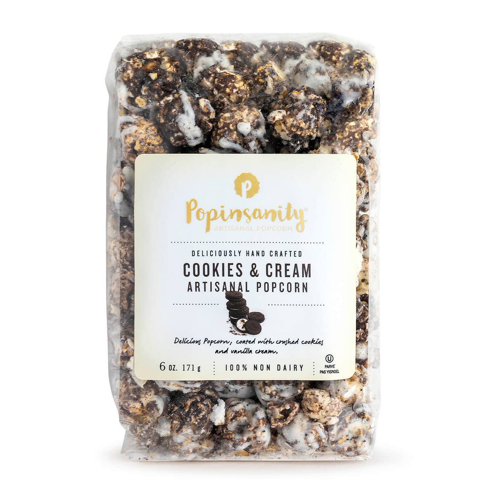 Cookies and Cream Popcorn by Popinsanity in a 6 oz Clear Cello bag