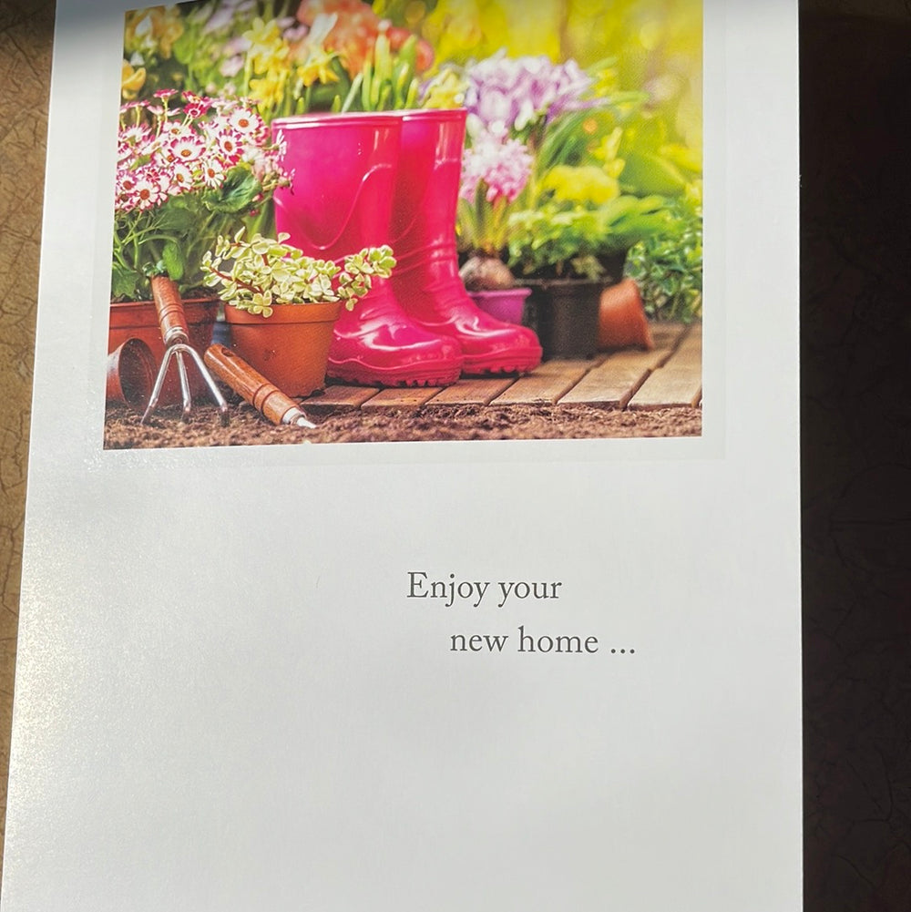 Pink Boots in Garden New Home Card